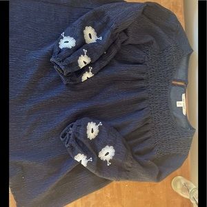 Navy Blouse with Sleeve Embroidery